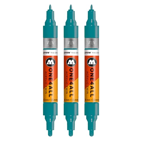 Molotow One4All Acrylic Twin Marker (1,5 und 4,0 mm Strichstärke, hochdeckend und permanent, schnell trocknend, nachfüllbar, für fast alle Untergründe) 3 Stück Farbe 255 aqua von Molotow