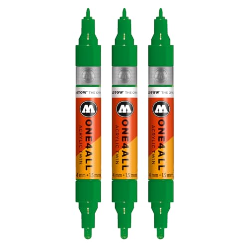 Molotow One4All Acrylic Twin Marker (1,5 und 4,0 mm Strichstärke, hochdeckend und permanent, schnell trocknend, nachfüllbar, für fast alle Untergründe) 3 Stück Farbe 256 kleegrün von Molotow