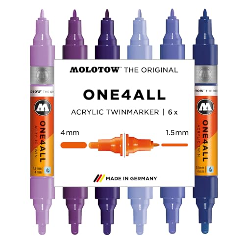 Molotow One4All Acrylic Twin Marker Violet Set (1,5 und 4,0 mm Strichstärke, hochdeckend und permanent, schnell trocknend, nachfüllbar, für fast alle Untergründe) 6 Stück sortiert von Molotow