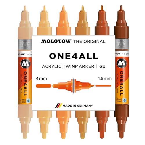 Molotow One4All Acrylic Twin Marker Wood Set (1,5 und 4,0 mm Strichstärke, hochdeckend und permanent, schnell trocknend, nachfüllbar, für fast alle Untergründe) 6 Stück sortiert von Molotow