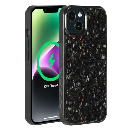 molzar Grip-Serie Schutzhülle für iPhone 14 mit echter geschmiedeter Kohlefaser, griffigen Kanten, integrierte Magnete, kompatibel mit MagSafe-Ladegeräten und Zubehör, glänzend schwarz/rot von Molzar