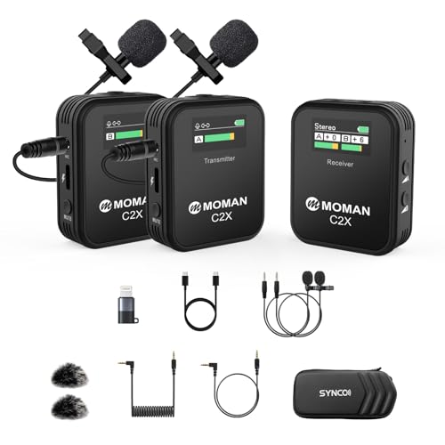 Moman Ansteckmikrofon Kabellos, C2X 2,4 GHz Lavalier Mikrofon Wireless System bis zu 100m für DSLR Kamera Camcorder Canon Sony Nikon Smartphone Laptop von Moman