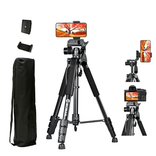 Moman Leichte Dreibein-Stative, TP59F Aluminium Kamera Stativ mit Kopf 150cm Höhe DSLR Fotostativ Maximale Tragfähigkeit 6KG Verstellbares Tragbares Reisestativ, Handy Tripod Ständer für Phone Tablet von Moman