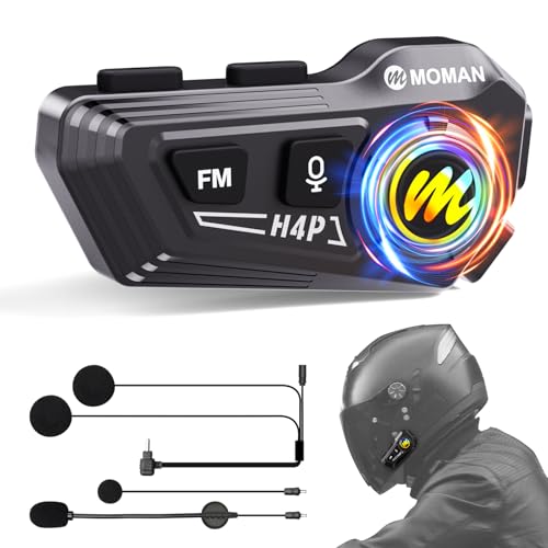 Motorrad Helm Headset, Moman RS-H4P Motorradhelm Kopfhörer BT5.1 mit Hi-Fi LautsprechernDoppelte Geräuschreduzierung【Neues Upgrade】 RGB/FM/Freisprechen/AI-Sprachsteuerung Kopfhörer für Einzelfahrer von Moman