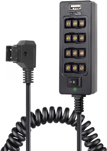 Moman Stromkabel D-Tap-Stecker auf 4 Port D-Tap-Buchse, Splitterkabel für V-Mount-Akku Power99 NanoOne, 4 Female D-Tap Adapter mit Netzschalter Schaltertaste/USB-Anschluss für Fotostrom Kamera DSLR von Moman