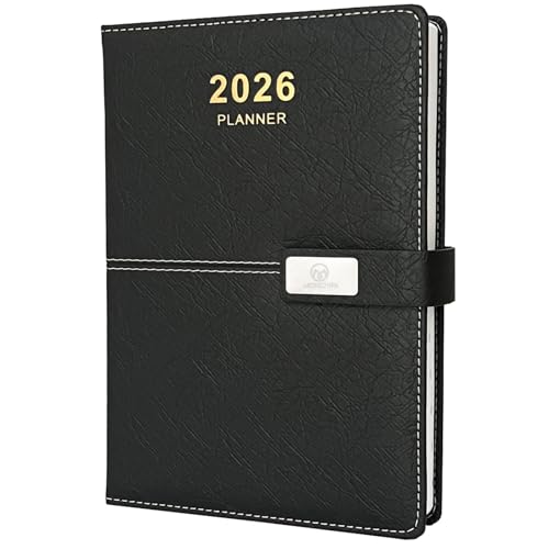 Tagesplaner 2026 – eine Seite pro Tag, 2026 stündlicher Tageskalender (Jan-Dez. 2026), 14,5 x 21 cm Terminbuch, Ledereinband + dickes Papier, Schwarz von Monchipa