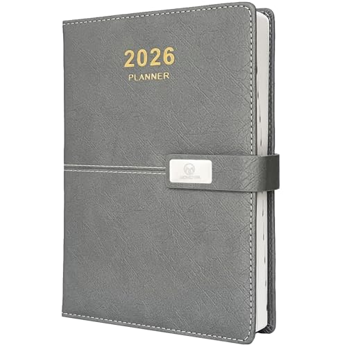 Tagesplaner 2026 – eine Seite pro Tag, 2026 stündlicher Tageskalender (Jan-Dez. 2026), 14,5 x 21 cm Terminbuch, Ledereinband + dickes Papier (grau) von Monchipa