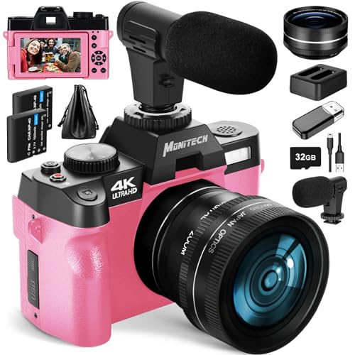 Mo nitech Digitalkamera für Fotografie und Video, 4K 48MP Vlogging Kamera für YouTube mit 180° Flip Screen, 16X Digitalzoom, 52mm Weitwinkel- & Makroobjektiv, 2 Batterien, 32GB TF Card（Pink）-PK von Monitech