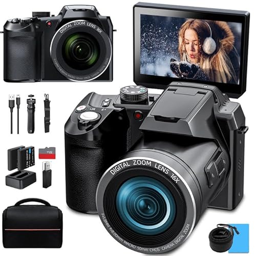 Monitech 64MP Digitalkamera für Fotografie und Video, 4K Vlogging Kamera für YouTube mit 3'' Flip Screen, 16X Digitalzoom, WiFi& Autofokus, Kameragurt&Stativ, 2 Akkus, 32GB TF Karte(S200 White) von Monitech