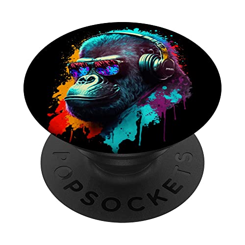 Gorilla Affe DJ Kopfhörer Sonnenbrille Bunt Club Musik Party PopSockets mit austauschbarem PopGrip von Monkey Gorilla Affe Mit Sonnenbrille Und Kopfhörer