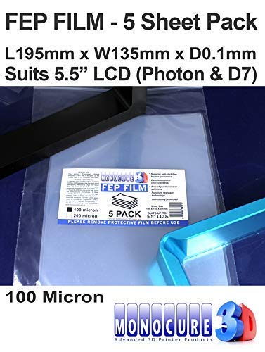 Monocure3D 3DFF510-5P FEP Film 100 Micron (5er Pack) für 5.5" LCD SLA/DLP Drucker (195x135x0.1mm) von Monocure3D