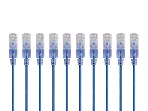 Monoprice Cat6A Ethernet-Patchkabel – Snagless RJ45, 550 MHz, 10 G, UTP, reiner blanker Kupferdraht, 30 AWG, 10 Stück, 1,5 m, Blau – SlimRun-Serie von Monoprice