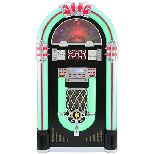 Monstershop Jukebox Holz-Gehäuse Retro 50er Jahre Musikbox mit Schallplattenspieler USB-SD-Slot, AUX, MP3 Player CD-Player Bluetooth Radio mit LED-Beleuchtung Fernbedienung 38cm x 64cm x 127cm von Monster Shop