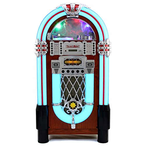 Monstershop Jukebox Retro 50er Jahre Musikbox USB-SD-Slot, AUX, MP3 Player CD-Player Bluetooth-Verbindung Radio Holz-Gehäuse mit LED-Beleuchtung Fernbedienung Maße 105cm Höhe x 57cm Breite x 30cm Tiefe von Monster Shop