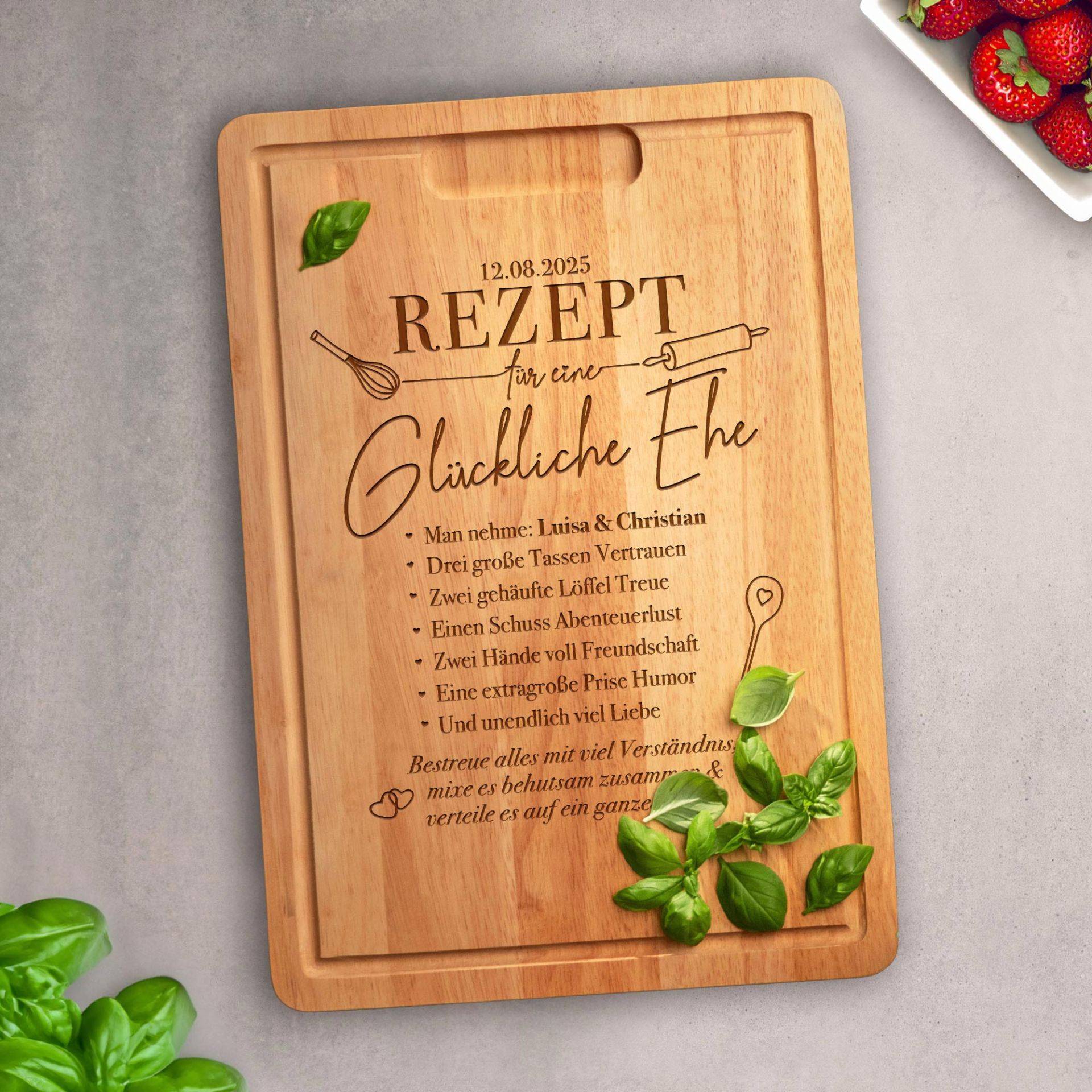 Schneidebrett mit Gravur - Rezept glückliche Ehe Schneidebrett mit Gravur - Rezept glückliche Ehe von Monsterzeug