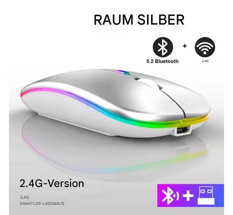 Wrischan Kabellose Wiederaufladbare Bluetooth-Maus – Silber, Leise & Präzise Mäuse (Einstellbare DPI-Empfindlichkeit, Ergonomisches 3-Tasten-Design) von Wrischan