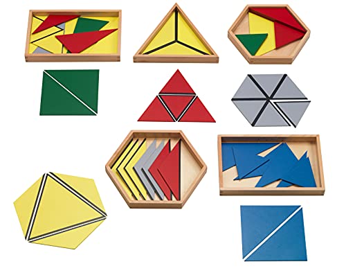 Konstruktive farbige Montessori-Dreieicke zur Geometrie, 5 Holzboxen, Komplettset zur Montessori-Freiarbeit mit Dreiecken von MontessoriPlus