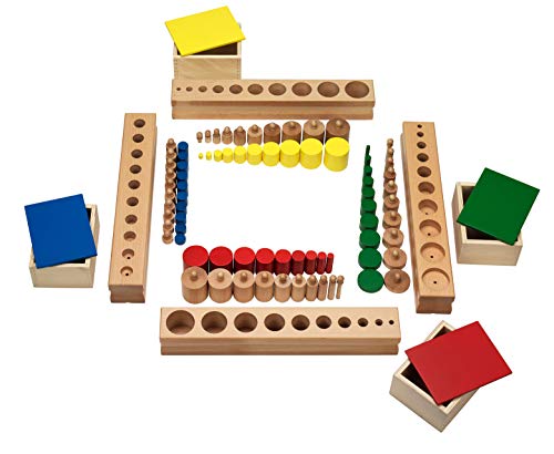 Montessori Einsatzzylinder und farbige knopflose Zylinder aus Holz im praktischen Set, Kindergarten-Material von MontessoriPlus
