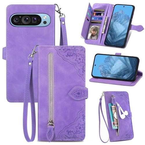Monwutong SZY Schutzhülle mit Reißverschluss für Google Pixel 9, Schutzhülle für Pixel 9 Pro, hautfreundliche Haptik, PU-Leder, mehrere Kartenfächer, Holster für Google Pixel 9/9 Pro, Violett von Monwutong