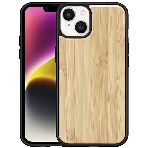 Monwutong Slim Fit Handyhülle für iPhone 14 (6,1 Zoll), luxuriöse natürliche Holzmaserung, mit sturzgetestetem, stoßfestem Stoßfänger und Kameraobjektivschutzabdeckung für iPhone 14, MW Bambus von Monwutong