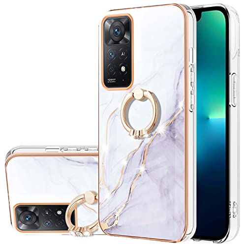 Monwutong ZHDD Schlanke Handyhülle für Xiaomi Redmi Note 11 Pro, IMD Marmor, glänzender Ring, Ständer für Mädchen, Kameralinse und Bildschirmschutz für Redmi Note 11 Pro 5G/4G, Weiß von Monwutong