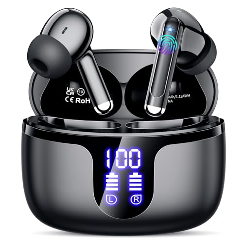 Kabellose Bluetooth-Kopfhörer mit HiFi-Stereo, 4 Mic mit Geräuschunterdrückung ENC, 2025 Bluetooth 5.3, 48H Playtime, wasserdicht IPX7, LED-Anzeige, Schwarz Kabellose Bluetooth-Kopfhörer mit HiFi-Stereo, 4 Mic mit Geräuschunterdrückung ENC, 2025 Bluetooth 5.3, 48H Playtime, wasserdicht IPX7, LED-Anzeige, Schwarz von Monyhigh