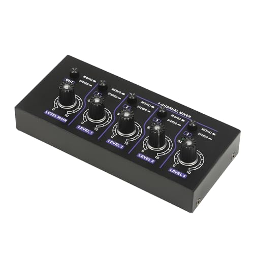 4-Kanal Line Audio Mixer mit RGB-Lichteffekt-Knopf, Tragbarer Mini-Audiomixer Audiomischer mit Geringem Rauschen, Kompaktes Studio Audio Stereo Mischpult für Mikrofone/Gitarren/Bass/Keyboards von MooBeey