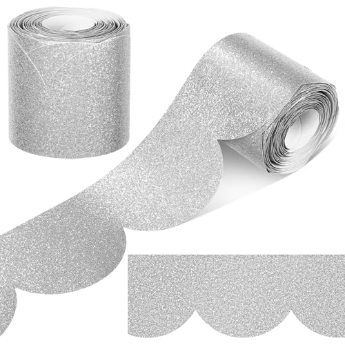 Mooliwe 20 m glitzernde Pinnwand-Bordüre, glänzend, dekorativ, gestanzt, gerollte Pinnwand, Bordüre für Schule, Klassenzimmer, Kreidetafel, Bürodekoration (Silber) von Mooliwe