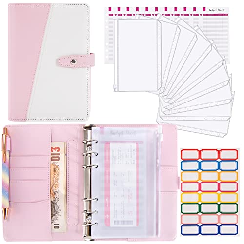 A6 Ringbuch Notizbuch, Binder Budget Planner, PU Leder Notebook Ringbuchordner mit 12pcs Binderumschlägen, 12pcs Budgetblätter, 24pcs Etikettenaufklebern (Rosa + Weiß) von MoonSing