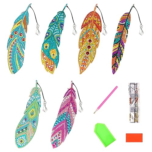 Lesezeichen Feder Diamant 5D Diamond Painting Feather Lesezeichen mit Kristall-Anhänger, Bookmark Diamant-Kunstzeichnung für Anfänger Schule DIY Kunsthandwerk Geschenk, 6 Stück von MoonSing