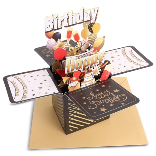 Moorle Geburtstagskarte zum Geburtstag, 3D Pop Up Karte Geburtstag, Schwarzes Gold Grußkarte 3d mit Umschlag, Kreative Geburtstag Karte, Pop up Grußkarte Geburtstagsgeschenk für Mädchen Männer von Moorle