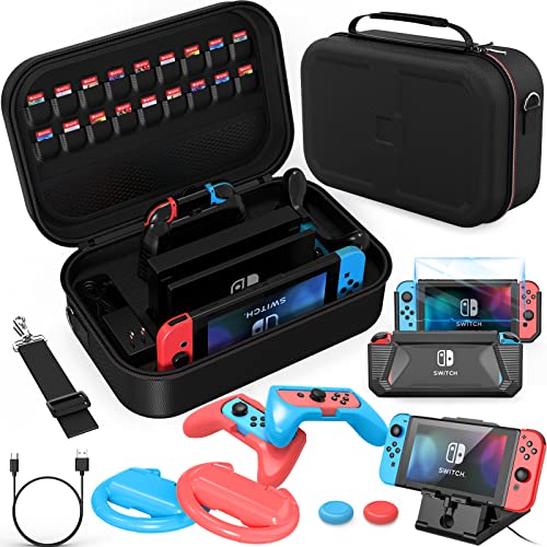 Mooroer Tasche Kompatibel mit Switch,12 in 1 Zubehör Kompatibel mit Switch Hülle, Tragetasche Case, Schutzfolie, Spielständer, Griffe und Lenkrad, Ladegerät Kabel,Joystick Kappen,R/B von Mooroer