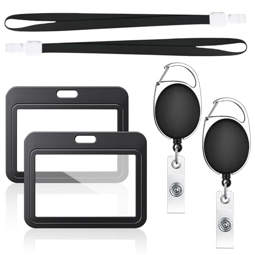 Ausweishülle mit Band 2Set Ausweishalter mit Ausziehbares Schlüsselband Durchsichtigen Hartplastik Ausweishülle für ID Karten,Work ID Badge Holder Card Holder (Schwarz) (horizontaler Stil) von Mooshy
