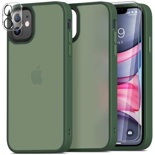 Mootobo für iPhone 11 Hülle, 4 in 1 Handyhülle für iPhone 11 Case mit 2 Schutzfolie + Kameraschutz, Stoßfest Militärstandard Schutzhülle Cover Mattierte Durchscheinende Rückseite 6.1''-Dunkelgrün von Mootobo