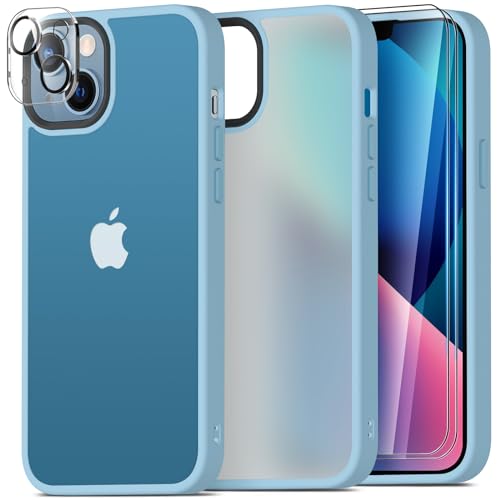 Mootobo für iPhone 13 Hülle, 4-in-1 [Mil-Grade-Stoßschutz] case mit 2 Schutzfolie + 1 Kameraschutz, durchscheinende, Matte Rückseite, Schlanke, Stoßfeste Handyhülle für iPhone 13 6,1 Zoll – Blau von Mootobo