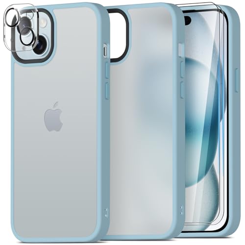 Mootobo iPhone 15 Hülle [6,1 Zoll] – Stoßfest, Mattiert, Anti-Fingerabdruck mit 2X Glas Displayschutzfolien & 1x Kameraschutz – Blau von Mootobo