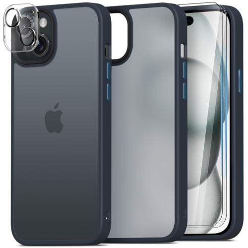 Mootobo für iPhone 15 Hülle, 4 in 1 Handyhülle iPhone 15 mit 2 Stück Schutzfolie +1 Stück Kameraschutz, Military Grade Stoßschutz mit Anti-Fingerprint Matte Rückseite 6,1 Zoll-Navy Blau von Mootobo