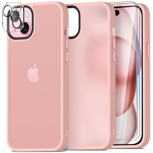 Mootobo für iPhone 15 Hülle, 4 in 1 Handyhülle iPhone 15 mit 2 Stück Schutzfolie +1 Stück Kameraschutz, Military Grade Stoßschutz mit Anti-Fingerprint Matte Rückseite 6,1 Zoll-Rosa von Mootobo