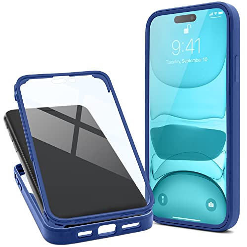 Moozy 360 Grad Hülle für iPhone 14 Pro Max - Transparent mit Blauem Rand, Vorne und Hinten Rundumschutz Case Cover, Handyhülle mit Integriertem Schutzglas von Moozy