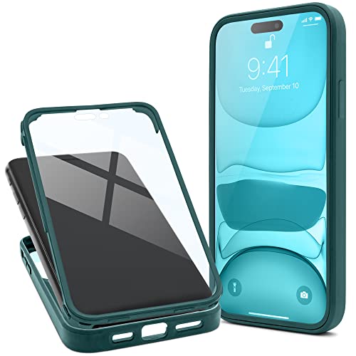 Moozy 360 Grad Hülle für iPhone 14 Pro Max - Transparent mit Grünem Rand, Vorne und Hinten Rundumschutz Case Cover, Handyhülle mit Integriertem Schutzglas von Moozy
