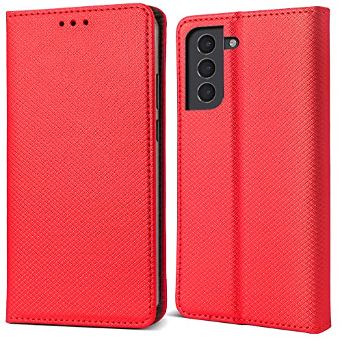 Moozy Hülle Flip Case für Samsung S21 FE, Rot - Dünne Magnetische Klapphülle Handyhülle mit Kartenfach und Standfunktion von Moozy