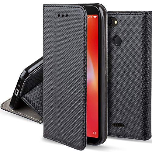 Moozy Hülle Flip Case für Xiaomi Redmi 6, Schwarz - Dünne Magnetische Klapphülle Handyhülle mit Kartenfach und Standfunktion von Moozy