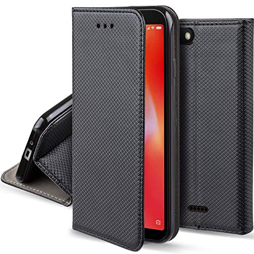 Moozy Hülle Flip Case für Xiaomi Redmi 6A, Schwarz - Dünne Magnetische Klapphülle Handyhülle mit Kartenfach und Standfunktion von Moozy