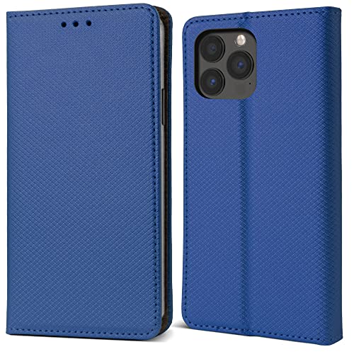 Moozy Hülle Flip Case für iPhone 13 Pro, Dunkelblau - Dünne Magnetische Klapphülle Handyhülle mit Kartenfach und Standfunktion von Moozy