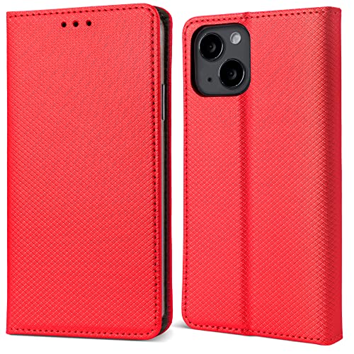 Moozy Hülle Flip Case für iPhone 14, Rot - Dünne Magnetische Klapphülle Handyhülle mit Kartenfach und Standfunktion von Moozy