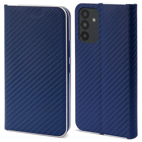 Moozy Hülle für Samsung A54 5G, Dunkelblau Carbon - Metallischer Kantenschutz Klapphülle Handyhülle mit Kartenfach und Standfunktion von Moozy