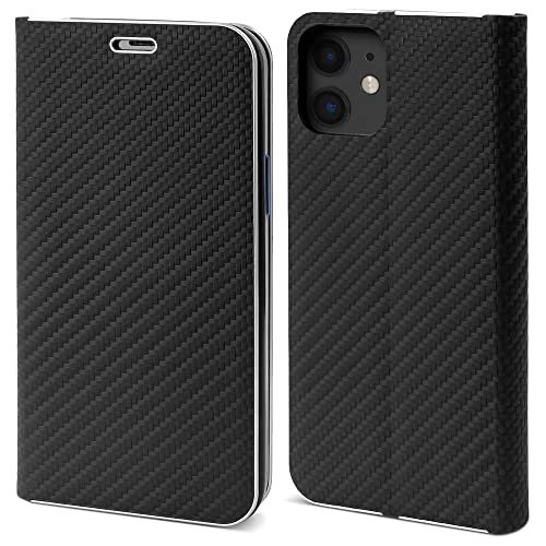 Moozy Hülle für iPhone 12 Mini, Schwarz Carbon – Metallischer Kantenschutz Klapphülle Handyhülle mit Kartenfach und Standfunktion von Moozy