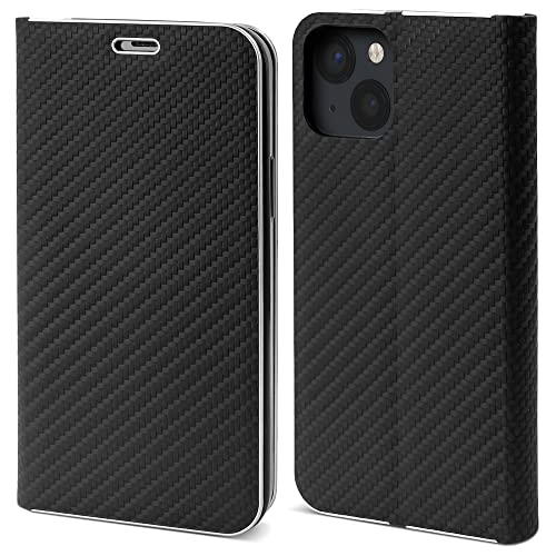 Moozy Hülle für iPhone 13, Schwarz Carbon – Metallischer Kantenschutz Klapphülle Handyhülle mit Kartenfach und Standfunktion von Moozy