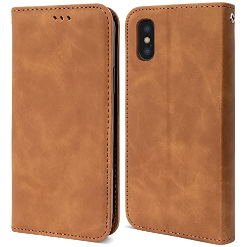 Moozy Retro Handyhülle für iPhone X, iPhone XS, Braun Marmor - Klapphülle Flip Case Cover Klappbare Magnetische Hülle mit Kartenfach Kartenhalter und Ständer-Funktion von Moozy