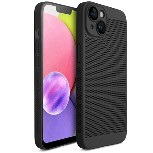 Moozy VentiGuard Hülle für iPhone 13 / iPhone 14, Schwarz, 6.1-Zoll - Atmungsaktive Schutzhülle mit Perforiertem Muster für Luftzirkulation, Belüftung, Hitzeschutz-Handyhülle Phone Cover Case von Moozy